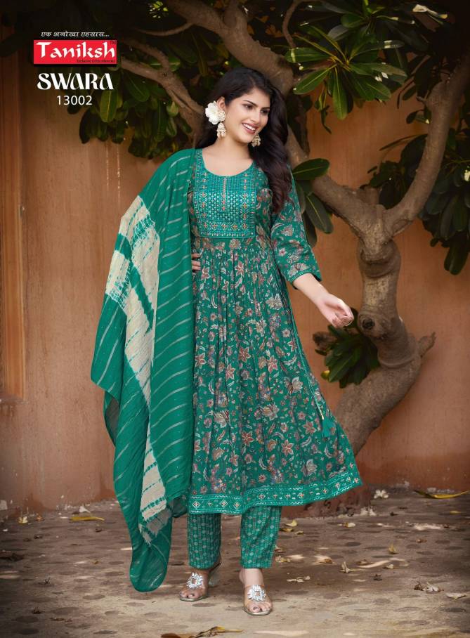 Swara Vol 13 By Taniksh Rayon Printed Embroidery Kurti With Bottom Dupatta Wholesale Online
